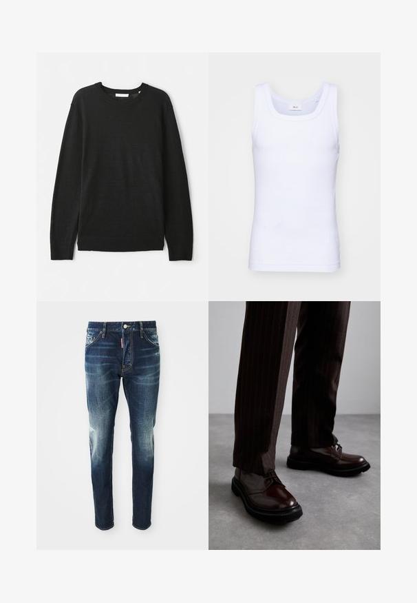 Black long-sleeve sweater made from a lightweight knit fabric. Features a crew neckline and ribbed cuffs and hem. No patterns or embellishments.; White cotton sleeveless tank top with a round neckline, featuring a smooth texture and a fitting shape, designed for casual wear.; Dark blue denim jeans with a slim fit, featuring faded areas on the thighs and knees, five pockets, and a metal button closure.; Brown leather lace-up shoes with a glossy finish, black rubber sole, and subtle stitching. Worn with pinstriped brown trousers.
