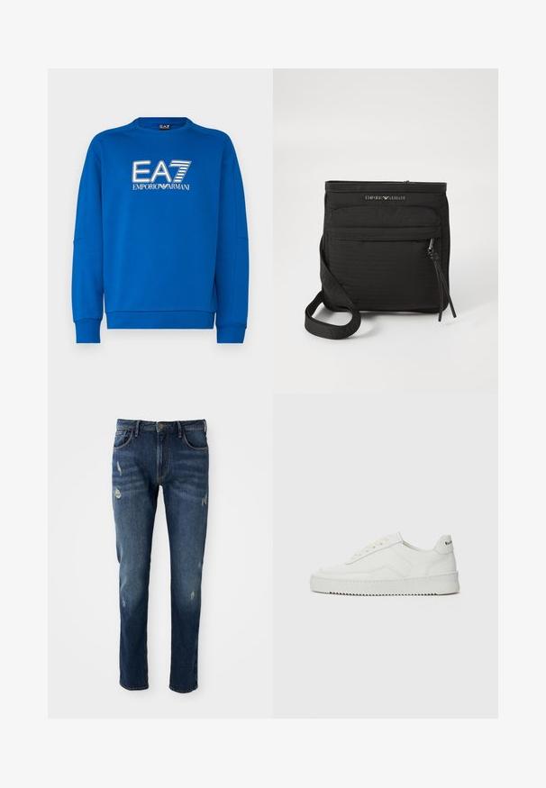 EA7 Emporio Armani FELPA - Felpa - lapis blue; Jeans in denim blu scuro con vestibilità slim, lievi abrasioni su cosce e ginocchia, design classico a cinque tasche e chiusura con bottone.; Sneaker in pelle bianca con una finitura liscia, punta rotonda, lacci piatti e suola testurizzata. Presenta un logo discreto sul tallone.; Borsa a tracolla nera Emporio Armani con tasca anteriore con zip, tracolla regolabile e dettaglio del logo su tessuto testurizzato.