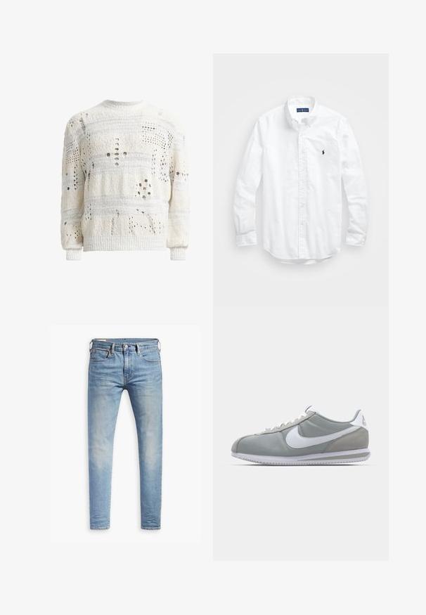 Weißer Strickpullover mit verschiedenen Ausschnittmustern, mit einer strukturierten Oberfläche und gerippten Ärmelbündchen. Crew-Neck-Design, leicht übergroßer Schnitt.; Weißes Langarm-Hemd aus Baumwolle mit Knopfleiste. Es zeichnet sich durch einen klassischen Kragen, Knopfmanschetten und ein kleines, navyblaues gesticktes Logo auf der Brust aus.; Hellblaue Slim-Fit-Jeans mit leichtem Verblassen an den Oberschenkeln, vorderem Knopfverschluss, Gürtelschlaufen und Fünf-Taschen-Stil auf einem weißen Hintergrund.; Graue Sportausstattung mit einem Obermaterial aus Wildleder und Textil, weißem Nike-Swoosh und weißen Schnürsenkeln. Verfügt über eine strukturierte Gummisohle und einen gepolsterten Kragen.