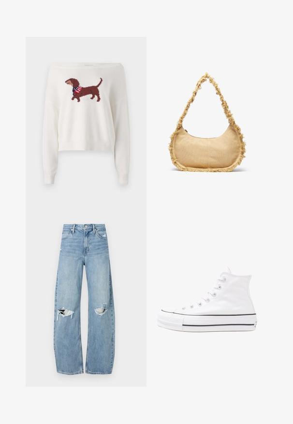 Hollister Co. SLOUCHY AMERICANA GRAPHIC - Stickad tröja - white; Ljusblå, högmidjade jeans i denim. Har vida ben, två slitna knäområden och klassisk femfickedesign.; Vit hög topp canvas sneaker med svart gummisulan, framsidan gummitåhätta och sex öglor för snören, med en ren, minimalistisk design.; Texturerad beige väska med rundad form, fransig kant längs kanterna och ett kort bärhandtag. Dragkedja upptill.