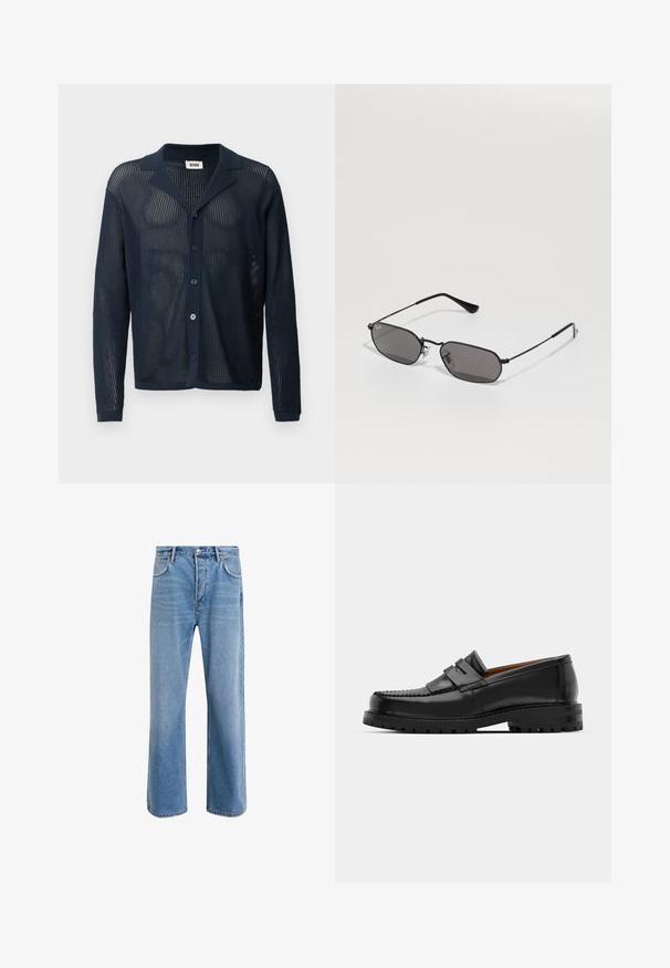 Cardigan malha em rede azul-marinho, com colarinho, botões frontais e mangas longas, apresentando uma textura leve e respirável.; Calças de ganga azul claro com um design de perna reta, cinco bolsos, fecho de botão, desgaste mínimo e detalhes de costura em contraste.; Os mocassins de couro preto apresentam uma costura elevada, duas tiras decorativas na parte superior e uma sola grossa e texturizada para maior aderência.; Óculos de sol hexagonais pretos com armação de metal fina e lentes escuras, pousados sobre uma superfície branca.