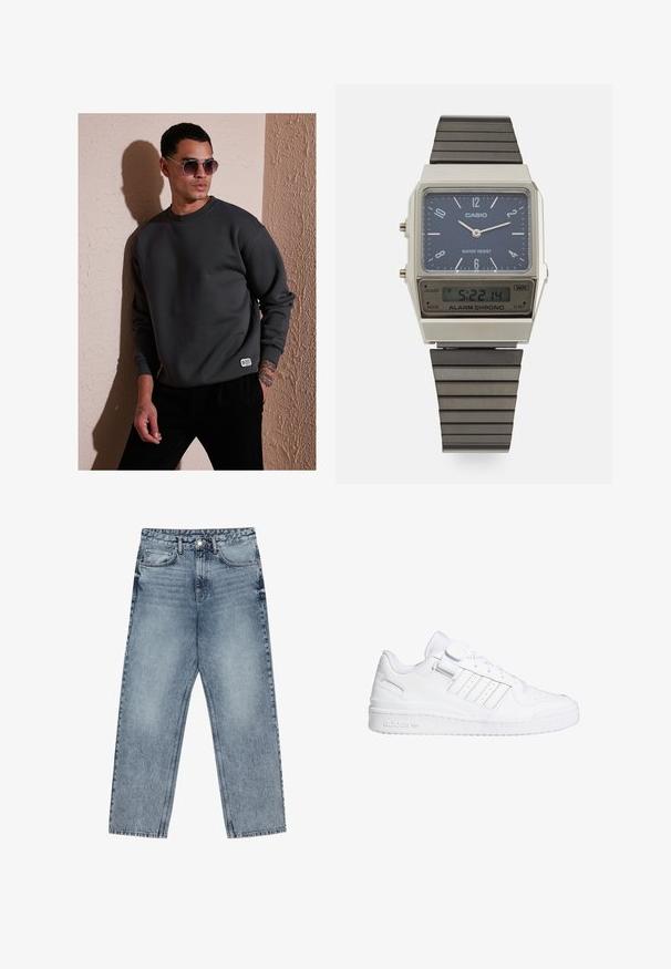 Tumehall sweatshirt, millel on ümmargune kaelus, ribaga mansetid ja väike bränditud etikett allservas, koos ümmarguste päikeseprillidega.; Heledad sinine teksad sirge lõikega, nähtavate õmblustega, viie taskuga disain ja nupuga kinnitamine vööl.; Valged spordijalatsid sujuva nahast ülemise osaga, auguline varvas, kolm triipu ning Velcro rihmaga. Kummitald koos brändingu detailiga.; Casio digitaalne kell sinise kelladialiga, hõbedase korpuse ja kihilise musta kummirihmaga. Kuvab aega ja häiresätteid. Veekindel.