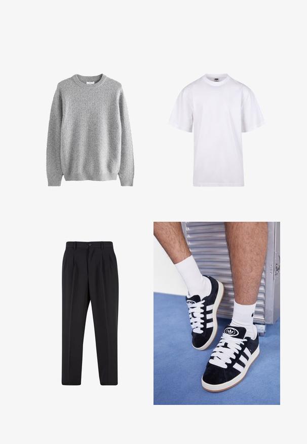 Grijze gebreide trui met een gestructureerd patroon, ronde hals en lange mouwen. Gemaakt van een zacht materiaal met geribbelde manchetten en zoom.; Witte katoenen t-shirt met een ronde hals, korte mouwen en een relaxte pasvorm. Heeft een eenvoudig ontwerp zonder patronen of accenten.; Zwarte broek met een geplooid design aan de voorkant, gemaakt van soepel stof. Voorzien van een knoopsluiting en riemlussen; rechte pasvorm.; Zwarte suède sneakers met witte veters en drie witte strepen. Heeft een cirkelvormig zwart logo op de tong en een gumrubberen zool.