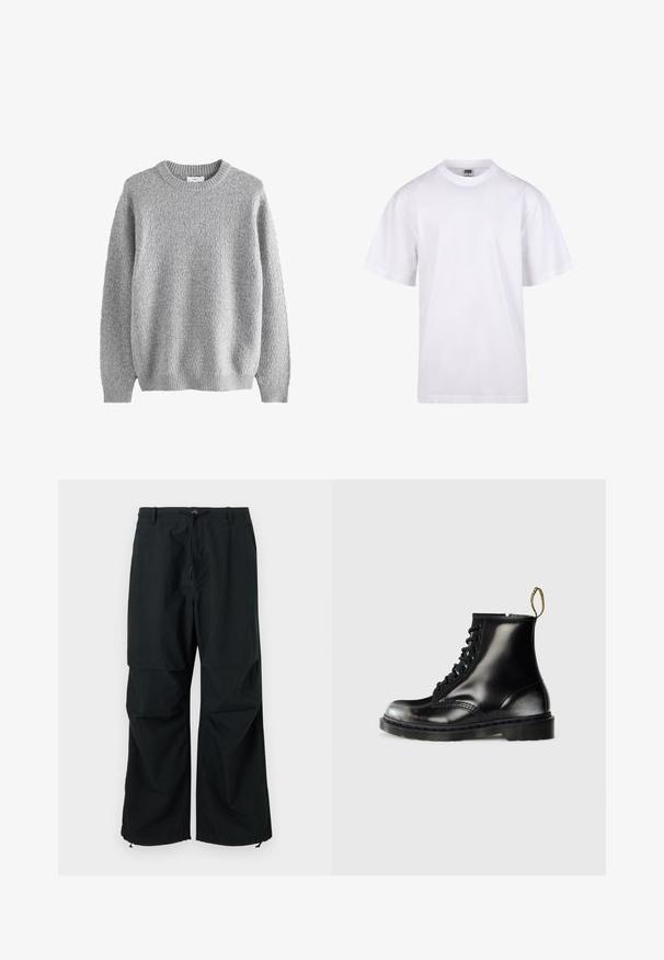 Gray knitted sweater with a textured pattern, round neck, and long sleeves. Made from a soft material with ribbed cuffs and hem.; White cotton t-shirt with a crew neckline, short sleeves, and a relaxed fit. Features plain design without patterns or accents.; Black, wide-legged trousers featuring a drawstring waist and elastic hems. Made of lightweight, textured fabric. Simple design.; Black leather ankle boots with a shiny finish, eight eyelets, black laces, and a pull tab. Features a textured treaded sole.