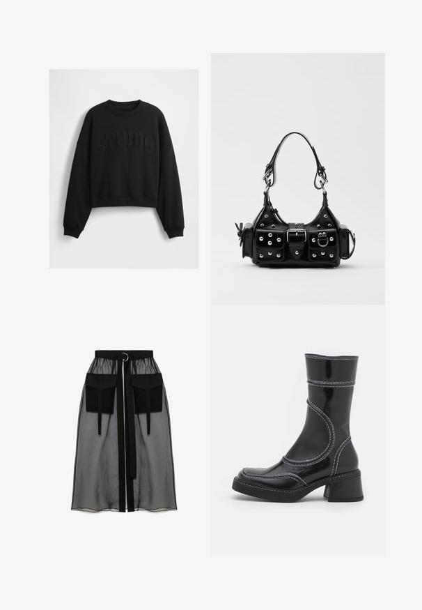 Fekete, rövidített pulóver puha anyagból, domború "STUDIO" felirattal, ívelt dizájnban. Hosszú ujjak ribbelt mandzsettával.; Fekete áttetsző szoknya ráncolt derékrésszel, két nagy elülső zsebbel, derékpánttal és kör alakú fém díszítéssel.; Fekete lakkbőr bokacsizma fehér varrással, kerek orral és blokk sarkal. Görbült formai vonalakkal és sima textúrával rendelkezik.; Fekete bőr kézitáska ívelt designnal, ezüst szegecsekkel, csattal és két oldalsó zsebbel. Állítható vállpánt a hordozási lehetőségekhez.