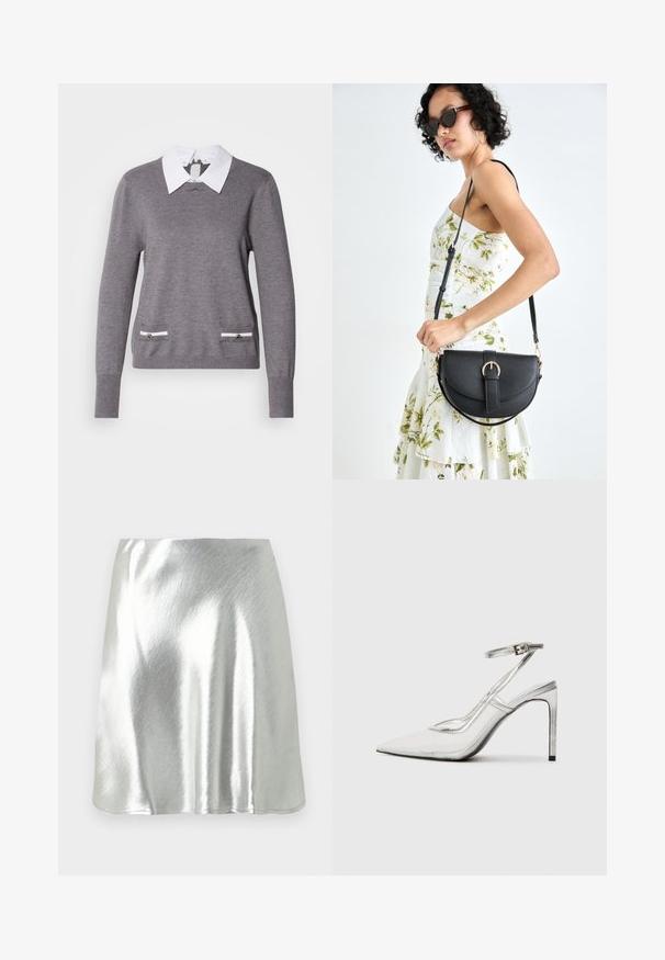 Gray knitted sweater with a white collared shirt underneath. Features two pocket accents with white trims and silver hardware on the front.; Silver metallic mini skirt with a smooth texture and a slight sheen. Features a flared design and a simple, clean cut hemline.; Clear stiletto heel shoe with a pointed toe, transparent material, metallic silver accents, and adjustable ankle strap.; Black leather handbag with a curved shape, detachable strap, and gold hardware. The bag features a flap with a buckle detail.