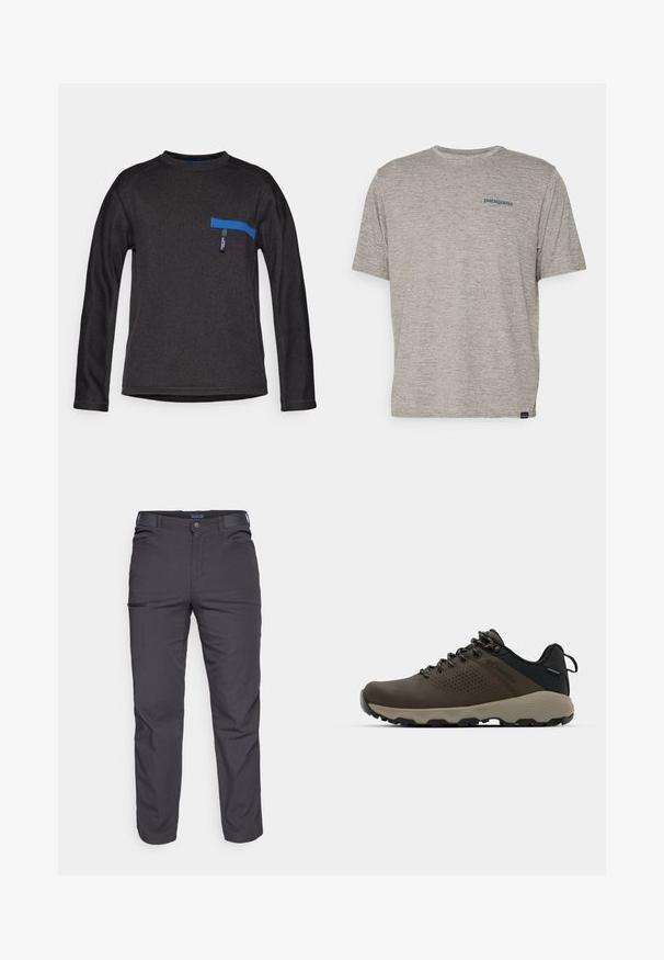 Μαύρο πουκάμισο με μακριά μανίκια και στρογγυλή λαιμόκοψη, διαθέτοντας μια μπλε οριζόντια τσέπη και υφή υφάσματος. Απλός σχεδιασμός χωρίς μοτίβα.; Γκρι κοντομάνικο T-shirt φτιαγμένο από μαλακό, υφασματοποιημένο υλικό με μικρό μπλε λογότυπο Patagonia στο αριστερό στήθος. Χωρίς επιπλέον μοτίβα.; Σκούρες γκρι παν trousers από ανθεκτικό ύφασμα, με τσέπη με φερμουάρ, ευθεία γραμμή και θηλιές για ζώνη για ρυθμιζόμενη εφαρμογή.; Καφέ αδιάβροχα αθλητικά παπούτσια με υφασμάτινη επάνω επιφάνεια, διατρήσεις, μαύρη στήριξη στη φτέρνα και γκρι ελαστική σόλα. Οι κορδόνες είναι διακοσμημένες με μεταλλικές άκρες.