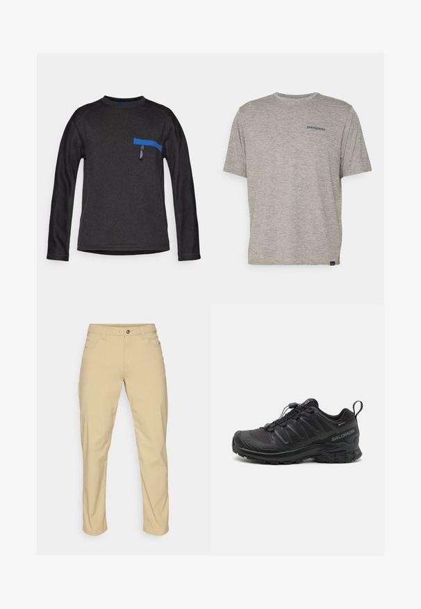 Melna garām piedurknēm krekls ar apaļu kakla izgriezumu, kuram ir zila horizontāla kabata un teksturēts audums. Vienkāršs dizains bez rakstiem.; Pelēka īsām piedurknēm kreks, kas izgatavots no mīkstas teksturētas auduma, ar mazu zilu Patagonia logotipu kreisajā krūtī. Bez papildu rakstiem.; Patagonia QUANDARY PANTS - Āra bikses - classic tan; Melna sporta apava ar teksturētu sintētisku augšdaļu, ar mīkstinātu zoli un ātru saslēgšanas sistēmu. Iezīmēts ar pastiprinātu purngala un papēža daļu.