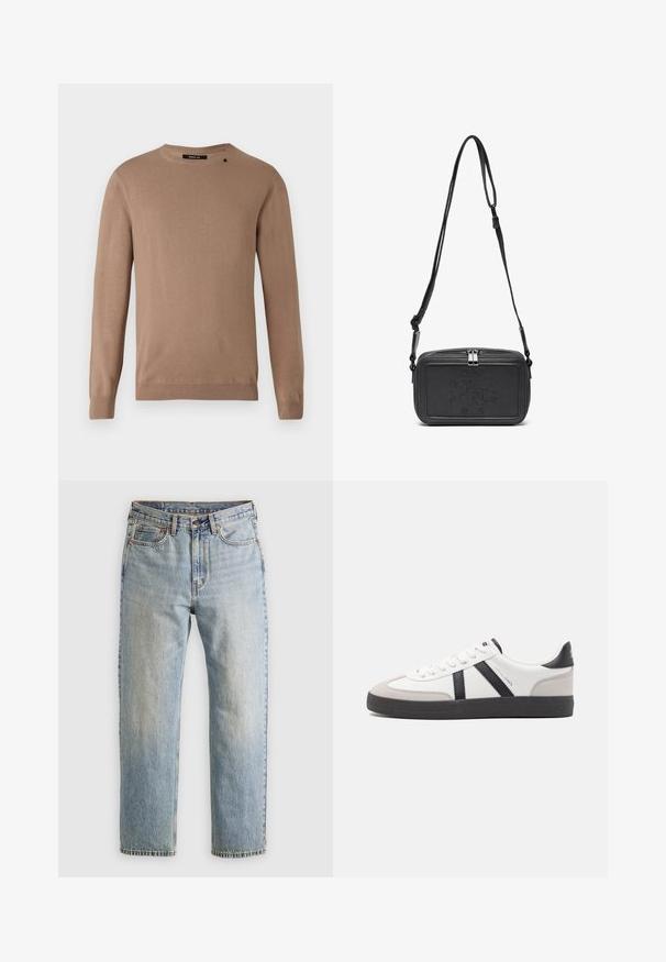 Gaišbrūns garām piedurknēm džemperis ar apaļu dekoltē, izgatavots no mīkstas, strukturētas auduma. Iespējamas ribotas piedurknes un apakšējā mala, kā arī neliela logo detaļa.; Gai zila denima bikses ar augstu jostasvietu, priekšējo pogu, rāvējslēdzēju un piecu kabatu dizainu, izlīdzinātas uz neitrāla fona.; Baltas sneakeris ar melniem un pelēkiem akcentiem, kuram ir teksturēts pelēks purngals, melna gumijas zole un plakanas baltas šņores. Tīrs dizains, minimālisma stils.; Melna ādas soma uz pleca ar zīmolu, slēdzamu rāvējslēdzēju un regulējamu siksnu. Gluda tekstūra un taisnstūru forma.