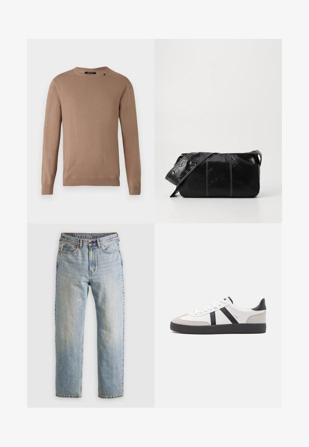 Beige hosszú ujjú pulóver, kerek nyakkivágással, puha, texturált anyagból készült. Bordás mandzsettákkal és aljjal rendelkezik, valamint egy kis logós részlet található rajta.; Világoskék farmernadrág magas derékkal, elülső gombbal, cipzárral és öt zsebbel, sima háttérre fektetve.; Fehér sneaker fekete és szürke részletekkel, textúrált szürke orr résszel, fekete gumitalppal és lapos fehér fűzőkkel. Tiszta dizájn, minimalista stílus.; Fekete bőr válltáska, cipzárral zárva, texturált felülettel, fehér varrással és ezüst fémgyűrűs pánttal.