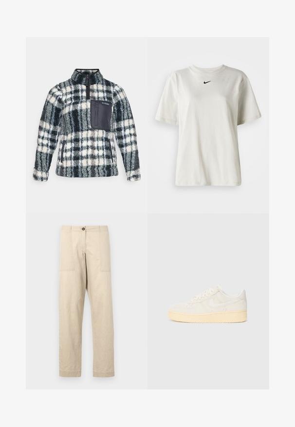 Pullover in pile nei colori nero, grigio e crema con motivo a quadri. Presenta un colletto con mezza zip e una tasca sul petto nera con logo. Texture morbida.; T-shirt bianco in cotone con scollatura rotonda e maniche corte. Presenta un piccolo logo Nike nero sul petto. Design semplice e privo di ornamenti.; Pantaloni in cotone beige con taglio dritto, dotati di tasche frontali, chiusura con bottone e orli con risvolto. Tessuto liscio e design minimal.; Sneaker bianco con tomaia testurizzata, punta arrotondata e suola in gomma color giallo. Presenta un logo sottile e chiusura con lacci.