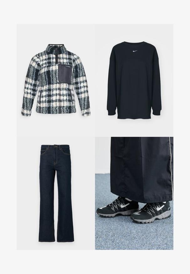 Kangasampal amareovärviga musta, halli ja kreemja ruudulise mustriga. Omab poolsiibi kraed ja musta rinnataskut logoga. Pehme tekstuur.; Must have pikkade varrukatega must T-särk, mis on valmistatud puuvillast ja millel on ümar kaelus. Rinnal on valge Nike logo. Pehme tekstuur, lihtne disain.; Tumedad sinised sirged teksapüksid ees olevate taskute, vöökummide ja nupuga sulgemisega vööosaga valgel taustal.; Mustad mustrehilised mustad spordijalatsid, millel on tekstuurne pealmine osa, hõbedased aktsendid ja mustriga tallaosad, koos musta pika riietusega. Seatud sinise vaiba taustale.