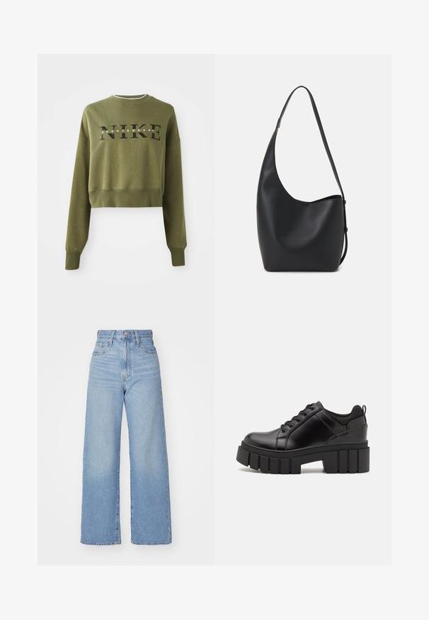 Oliven grønn cropped sweatshirt med lange ermer, rund hals og svart 'NIKE' logo over brystet. Myk stoff og ribbede mansjetter.; Lys blå høytlivs vide jeans med knapp- og glidelås lukking foran, foran og bak lommer, på en hvit bakgrunn.; Svarte lærplattformsko med kraftig blokkhell, rund tå og tradisjonell snøring. Har en jevn tekstur og minimal detaljering.; Svart lær hobo-veske med glatt tekstur, buet form og enkelt justerbart stropp; har en bred åpning på toppen.