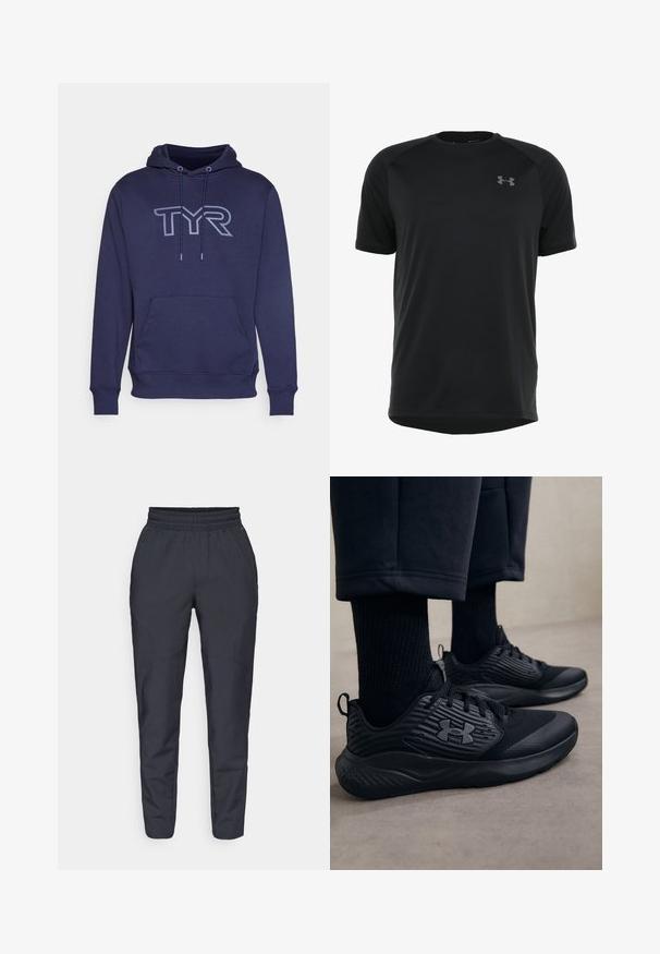 Temno modra kapuca iz mehkega materiala, z kenguru žepom in velikim logotipom TYR v svetlejšem odtenku spredaj.; Črna športna majica s kratkimi rokavi, narejena iz gladkega, lahkega materiala. Ima okroglo ovratnico in diskreten logotip na prsih.; Morske tapered hlače iz mehkega blaga, z elastičnim pasom, stranskimi žepi in gladko teksturo ter subtilnimi šivi.; Oseba nosi črne atletske superge z teksturirano stranjo in logotipom, v kombinaciji s črnimi nogavicami in skrajšanimi hlačami na svetli podlagi.