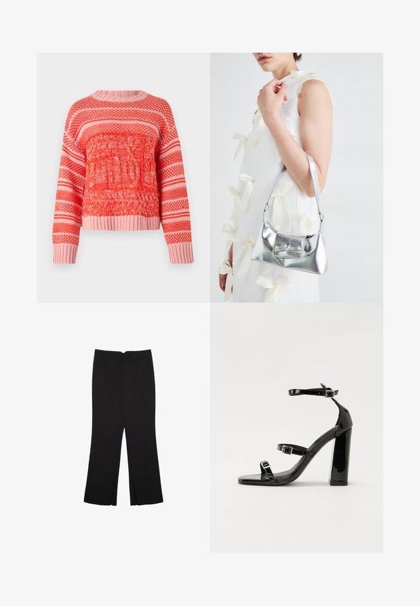 Rot und rosa gestrickter Pullover mit strukturierten Mustern, horizontalen Streifen, einem runden Halsausschnitt sowie gerippten Bündchen und Saum.; Schwarze Hose mit geradem Schnitt, ausgestattet mit Fronttaschen und Seitenschlitzen am Saum. Hergestellt aus weichem, glattem Stoff. Geeignet für verschiedene Anlässe.; Schwarze Lackleder-Sandalen mit hohen Absätzen, zwei Riemen mit Schnallen, quadratischer Zehenpartie und klobigem Blockabsatz, mit einer glatten, glänzenden Textur.; Silberne metallische Handtasche mit strukturierter Form, ausgestattet mit einem oberen Griff und einer Schleifenapplikation auf der Vorderseite. Glatte Textur, reflektierendes Finish.