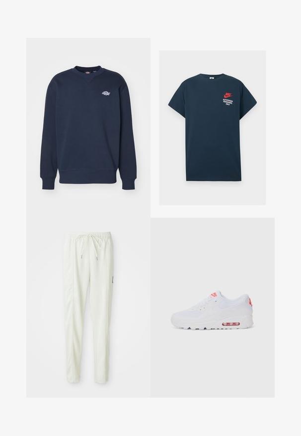 Tmavě modrý svetr vyrobený z bavlněné směsi; má kulatý výstřih, dlouhé rukávy, žebrované manžety a malé bílé logo na hrudi.; Námořnicky modré bavlněné tričko s krátkým rukávem. Na levé straně hrudi se nachází červené logo Nike a bílé písmo "POUZE PRO POVOLENÉ OSOBY".; Bílé slim-fit jogger kalhoty s elastickým pasem a šňůrkou, s bočními švy a malou černou nášivkou na pravé noze.; Bílé sportovní tenisky s hladkým svrškem, šněrováním, polstrovanou podrážkou a viditelnou vzduchovou jednotkou s červenými akcenty na značce.