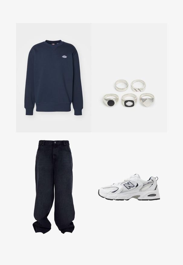 Tumesinine puuvilla segu sweatshirt; omab ümarat kaelust, pikki varrukaid, soonikku ülemaid ning väikest valget logo rinna peal.; Mustad laiad denim püksid sujuva tekstuuriga, viie tasku ja nupuga sulgemisega. Omavad mugavat lõiget ja kitsenevat allääre.; Valge sportlik king, millel on võrgust ülasäär, tumesinised aktsendid ja pehme tallan. Omab "N" logo, paelu ja tekstuurset detaili külje peal.; Viis hõbedast sõrmust: üks musta ümmarguse detailiga, üks valge ja musta geomeetrilise mustriga ning teised erinevate vormide ja viimistlustega.