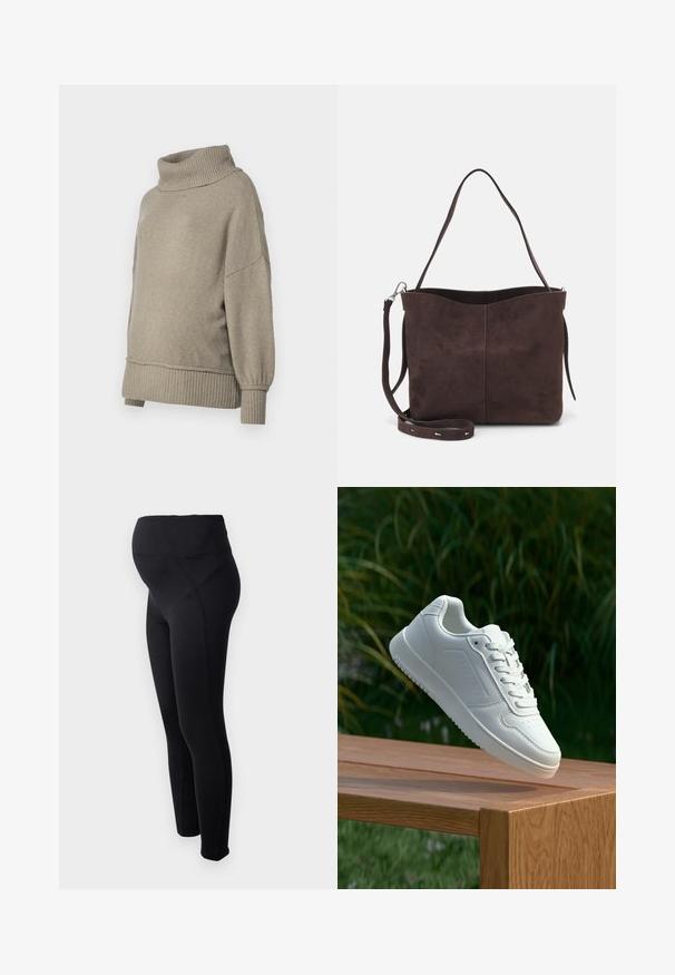 Light grey knit sweater with a high ribbed neckline and ribbed cuffs. Loose fit with a soft texture, featuring dropped shoulder seams.; Black maternity leggings with a high waistband, made from stretchy material. Features a smooth texture and a fitted design for comfort.; White sneaker with a smooth synthetic upper, perforated toe box, flat laces, and a textured sole, displayed on a wooden surface.; Brown suede tote bag with a soft texture, featuring a single shoulder strap and a subtle curved top opening. No visible hardware details.