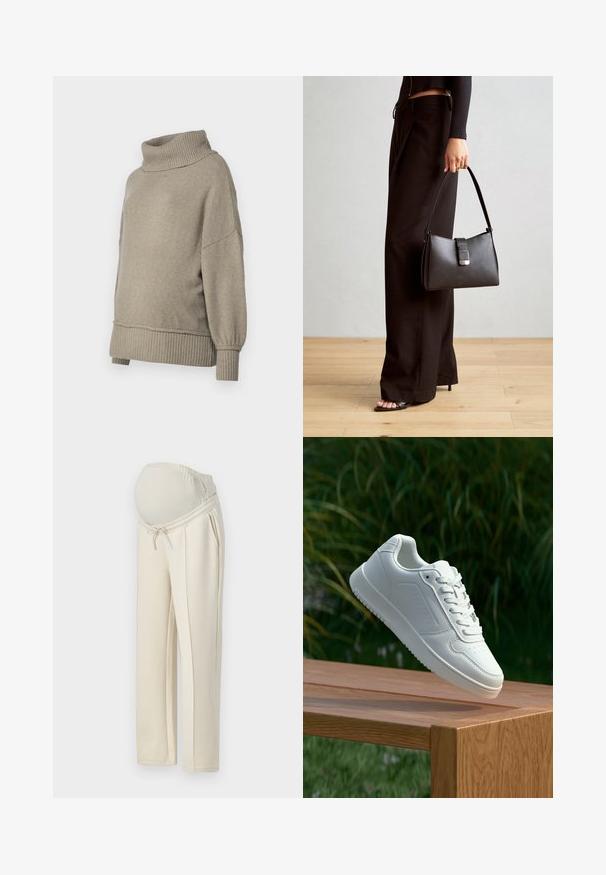 Világosszürke kötött pulóver magas bordázott nyakkal és bordázott mandzsettákkal. Laza szabású, puha tapintású, ejtett vállvarrással.; Világos bézs kismama nadrág rugalmas derékkal, zsinóros részlettel és két oldalsó zsebbel. Puha, rugalmas anyagból készült.; Fehér sportcipő sima szintetikus felsőrésszel, perforált lábujjrész, lapos fűzőkkel és texturált talppal, fából készült felületen kihelyezve.; Fekete kézi táska strukturált formával, sima textúrával és fémből készült záródással. Széles fekete nadrággal és nyitott orrú szandállal párosítva, fából készült padlón.