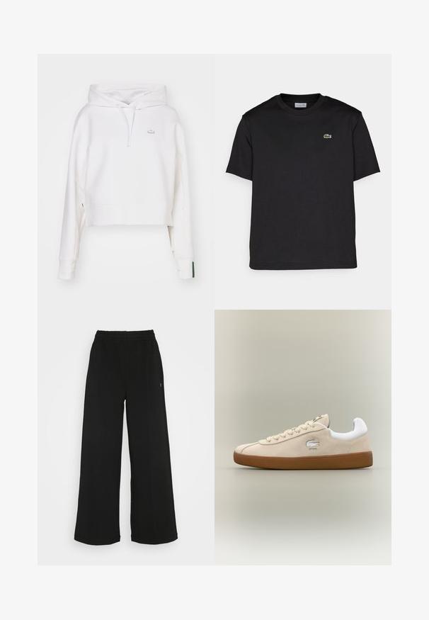 Felpa bianca corta realizzata in misto cotone, con cappuccio regolabile, polsini a costine e un piccolo logo ricamato sul petto.; T-shirt in cotone nero con scollatura rotonda, maniche corte e un piccolo logo ricamato verde sul lato sinistro del petto. Design semplice.; Pantaloni neri a gamba larga con vita elasticizzata. Realizzati in un materiale morbido e leggero. Presentano cuciture verticali sul davanti.; Sneaker in suede beige con dettagli bianchi e suola in gomma. Presenta un logo in rilievo sul lato e lacci beige a contrasto. Design classico.