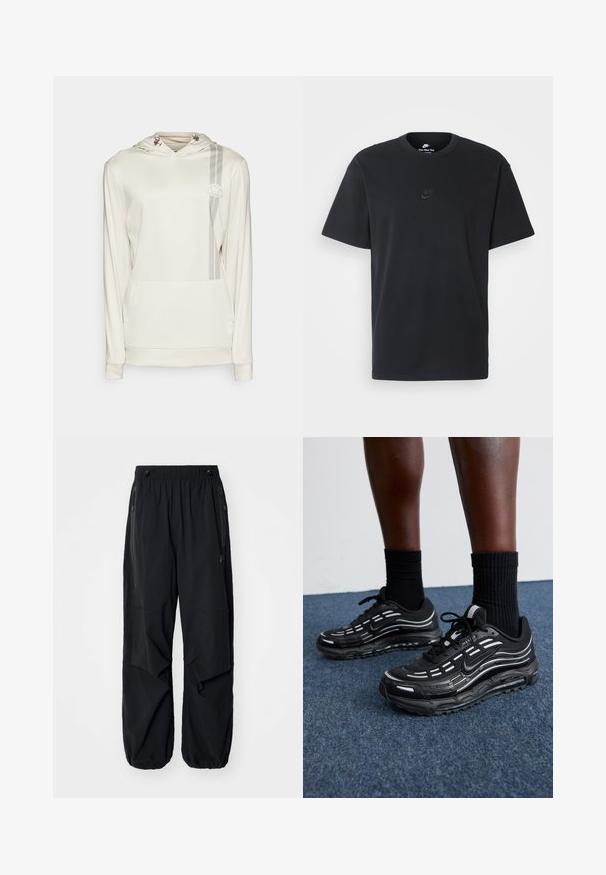 Svetlo bež huppar s smooth tkanino. Ima sprednji žep, kapuco s vrvico in vertikalno sivo črto z logotipom.; Nike črna bombažna majica z klasičnim okroglim izrezom, kratkimi rokavi in subtilnim, vtisnjenim logotipom na prsih. Gladka tekstura.; Črne lahke cargo hlače z elastičnim pasom, stranskimi zadrgami in prostornimi žepi. Imajo ohlapno prileganje in zožene manšete.; Črne Nike čevlje imajo mrežasto zgornji del z naglasnimi črtami, teksturirane vezalke in črn gumijast podplat. Nosijo se s črnimi rebrastimi nogavicami.