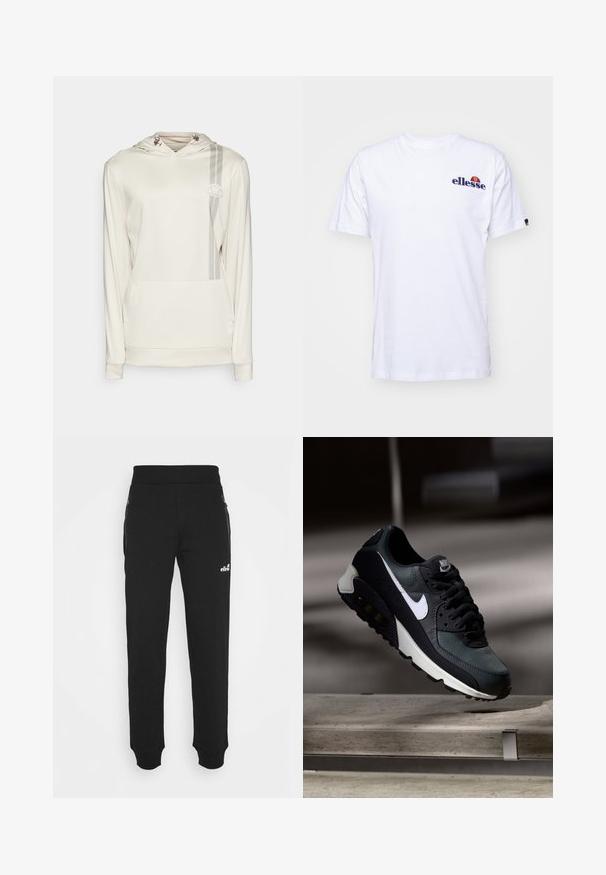 Gai bēšs kapuce izgatavota no gludas auduma. Aprīkota ar priekšējo kabatu, stiept kapuci un vertikālu pelēku joslu ar logo akcentu.; Balta kokvilnas T-krekls ar īsām piedurknēm, kas rotāts ar tumši zilā krāsā izšūtu logo uz kreisās krūtis un dzīvīgu krāsu akcentu virs logo.; Melnas sporta bikses, kas izgatavotas no mīkstas auduma, piedāvā sašaurinātu kāju dizainu, elastīgu jostasvietu, sānu kabatas ar rāvējslēdzējiem un mazu logo akcentu.; Melnas un zaļas kedas ar rakstainu sieta augšdaļu, baltu swoosh logo, mīkstu apkakli un redzamu gaisa amortizācijas elementu zolē.