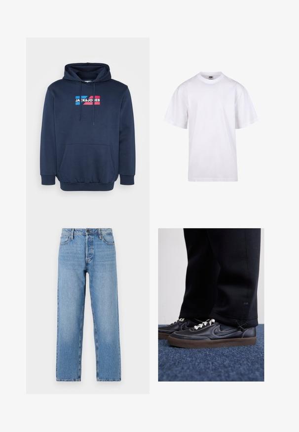 Tamno plavi dukserica s kapuljačom, materijal od mješavine pamuka, kengurska džep, s bijelim i šarenim logom "JACK&JONES" na prsima.; Bijela pamučna majica s okruglim izrezom, kratkim rukavima i opuštenim krojem. Ima jednostavan dizajn bez uzoraka ili akcenta.; Svijetloplavi traperice s ravnim nogavicama, sa zatvaranjem na gumb i patentni zatvarač, pet džepova i suptilnim izblijeđivanjem.; Nike Sportswear KILLSHOT 2 LTR PRM OPP2 - Tenisice - black sail baroque brown mtlc dk grey