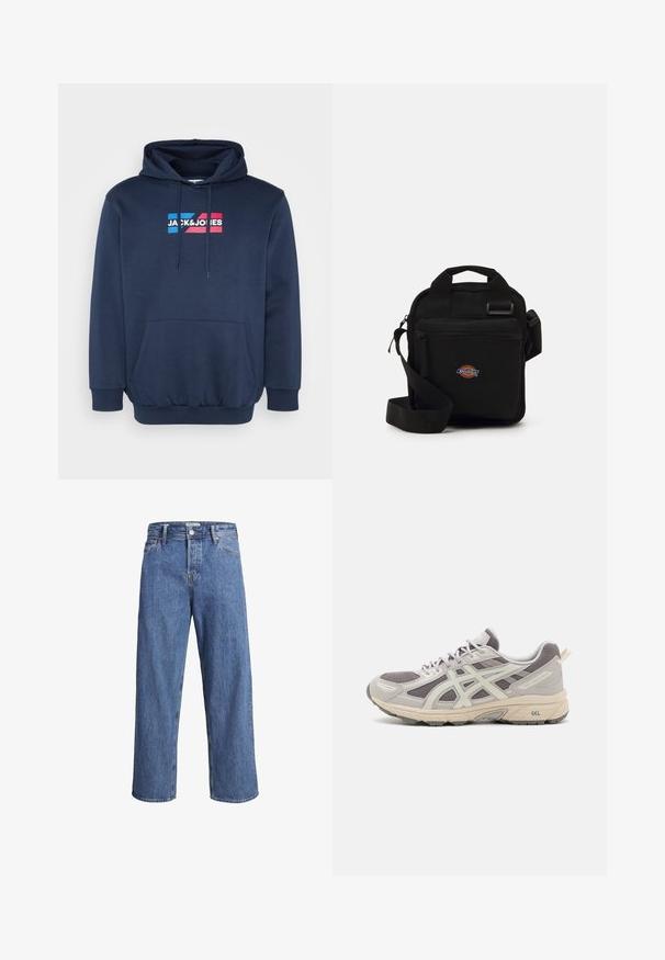 Navy blue hooded sweatshirt, cotton blend material, kangaroo pocket, featuring white and colorful logo "JACK&JONES" on the chest.; Black long-sleeve t-shirt made of cotton, featuring a round neckline and a small green embroidered crocodile logo on the left chest.; Light blue denim jeans with a straight-leg design, high waist, and minimal stitching details. The fabric has a soft, slightly faded texture.; Gray and white athletic shoe featuring a mesh upper, cushioned sole, textured accents, and a prominent GEL logo on the heel.; Black crossbody bag with a zippered pocket, rectangular shape, made of fabric, featuring a logo patch on the front, adjustable shoulder strap.