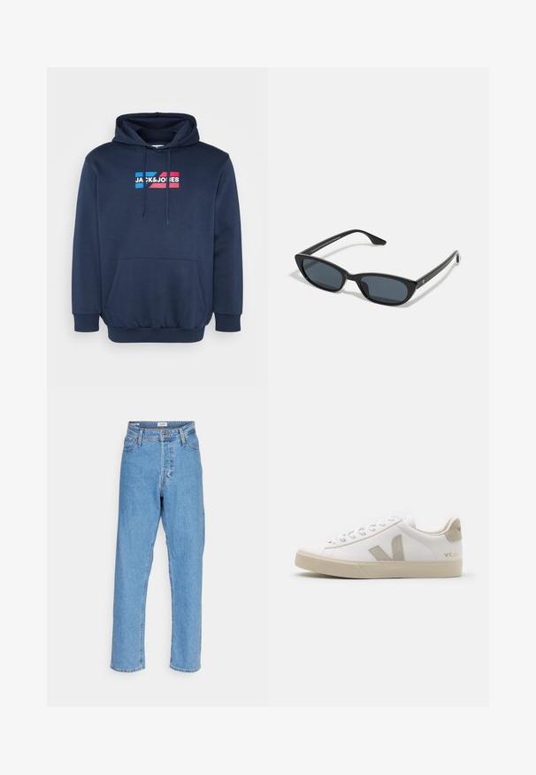 Donkerblauwe hoodie, gemaakt van een katoenmix, met een kangoeroezak en een wit en kleurrijk logo "JACK&JONES" op de borst.; Lichtblauwe high-waisted recht gesneden jeans met een voorste knoop, ritssluiting, riemlussen en een vijf-pocket ontwerp op een witte achtergrond.; Witte leren sneaker met beige accenten, platte rubberen zool, ronde neus en contrasterend logo aan de zijkant en achterkant. Vetersluiting.; Zwarte cat-eye zonnebril met donkere lenzen, kunststof frame, slanke pootjes en subtiele branding op de binnenkant van de poot. Mat afgewerkte textuur.