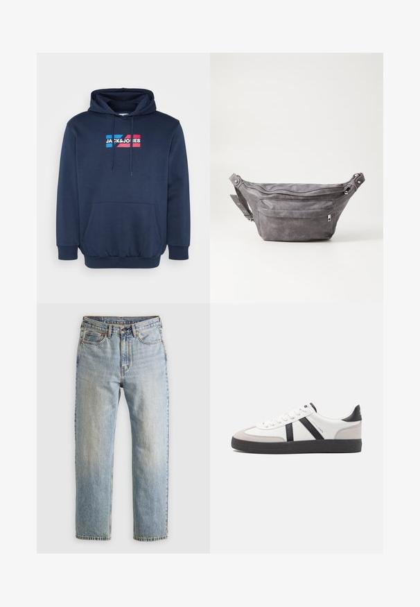 Tricou cu glugă de culoare bleumarin, dintr-un material mixt de bumbac, cu un buzunar tip kangaroo, având un logo alb și colorat "JACK&JONES" pe piept.; Jeans din denim de culoare albastru deschis, cu talie înaltă, nasture frontal, fermoar și design cu cinci buzunare, așezate platesc pe un fundal neutru.; Sneaker alb cu accente negre și gri, având un capac de vârf gri texturat, talpă din cauciuc negru și șireturi plate albe. Design elegant, stil minimalist.; Borseta gri din suede, cu o formă rotunjită, două compartimente cu fermoar și curea ajustabilă. Are accente din metal.