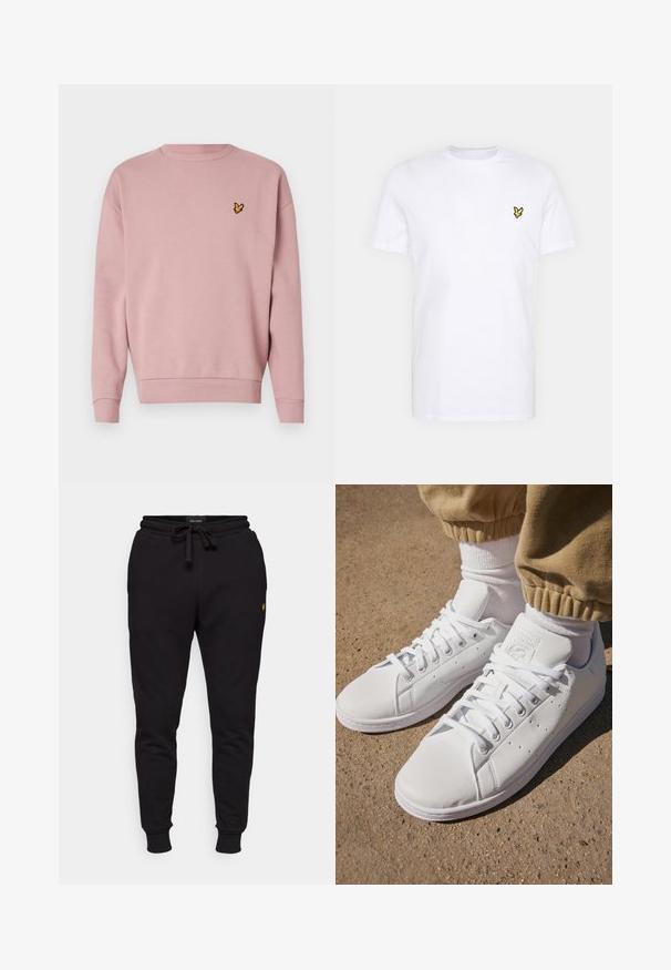 Felpa rosa chiaro con scollo rotondo, polsini e orlo a coste. Presenta un piccolo logo ricamato giallo sulla parte superiore sinistra.; T-shirt bianca in cotone con un piccolo logo ricamato nero e giallo sul lato sinistro del petto. Maniche corte e scollatura rotonda.; Pantaloni jogger neri in cotone con vita elastica, cordoncino e polsini a coste. Presentano un piccolo logo giallo sulla coscia sinistra.; Sneakers bianchi in pelle con superficie liscia, caratterizzati da un classico design con lacci, perforazioni per la traspirabilità e una suola in gomma testurizzata.