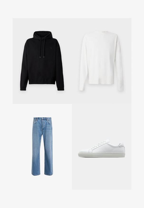 Hanorac negru cu glugă ajustabilă, cu manșete și tiv elastice. Prezintă un logo mic, într-o nuanță similară, pe piept. Textură moale a materialului.; Cămașă albă din bumbac cu mâneci lungi, decolteu rotund, fante pe laterale la baza, cu o textură netedă, expusă din spate.; Jeans din denim bleu deschis cu un design drept, cinci buzunare, închidere cu buton, decolorare minimă și detalii de cusătură în contrast.; Adidași albi cu o suprafață din piele netedă și un profil jos. Au un vârf rotunjit, șase orificii pentru șireturi și o talpă din cauciuc texturată.