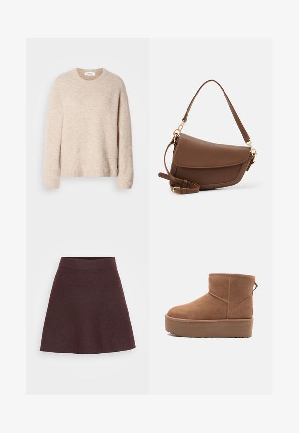 Šviesiai rudos megztinis su apvalia iškirpte, ilgomis rankovėmis ir džinsiniu apvadu. Minkšta, tekstūruota medžiaga su laisvu siluetu.; Burgundiškos spalvos mezginys sijonas, su plačiu juosmeniu, prasiskleidžiančiu dizainu ir glotnia tekstūra, bespalvis, be raštų ar akcentų.; Smėlio spalvos zomšiniai kulkšninių batai su platformos padu, apvaliu nosiu ir siuvinėjimo akcentais; turi kilpos užpakalinėje dalyje, kad būtų lengviau užsidėti.; Ruda odinė petinė kuprinė su tekstūrine apdaila, išlenkta forma, auksinės spalvos aksesuarai, reguliuojama juosta ir dangtis.