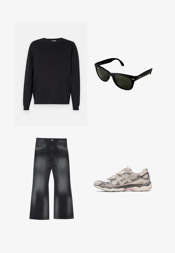 Felpa nera realizzata in tessuto morbido con colletto a giro, spalle drop, polsini a costine e orlo dritto. Nessun motivo o logo visibile.; Camicia bianca con bottoni, a righe verticali blu navy, maniche lunghe, taschino sul petto e colletto classico. Tessuto morbido con una vestibilità rilassata.; Jeans a zampa d'elefante in denim nero con lavaggio sbiadito, cinque tasche e cuciture a contrasto, caratterizzati da un'apertura gamba leggermente ampia.; Scarpa atletica grigia chiara con una tomaia in rete e suede. Presenta una soletta ammortizzata, sovrapposizioni pronunciate e un design strutturato.; Occhiali da sole in plastica nera con lenti verde scuro. Il design della montatura quadrata presenta dettagli argentati e un logo in rilievo sulla tempia.