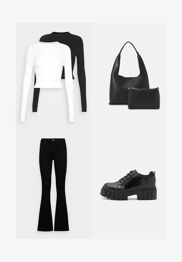 Dvě dlouhé rukávy ribbed topy: jeden v bílé a jeden v černé barvě, s kulatými výstřihy a zkráceným střihem. Textura je hladká a pružná.; Černé vysoké džíny s knoflíkem a zipovým zapínáním, předními kapsami a rozšířenými nohavicemi, ležící na bílé podložce.; Černé kožené platformové boty s masivním blokovým podpatkem, kulatou špičkou a tradičním šněrováním. Mají hladký povrch a minimální detaily.; Even&Odd Kabelka - black