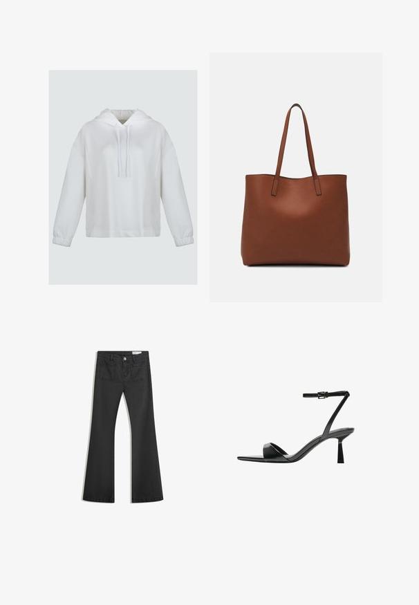 Witte hoodie van zacht materiaal. Voorzien van een trekkoordcapuchon, verlaagde schouders en elastische manchetten. Eenvoudig, minimalistisch ontwerp.; Zwarte flared jeans van denim met een gladde textuur, voorzien van twee achterzakken en een knoopsluiting bij de taille.; Bershka Sandalen met hoge hak - black; Bruine leren tote bag met een gladde textuur, een ontwerp met een open bovenkant en twee schouderbanden. Kenmerkt zich door minimale stiksels en geen zichtbare hardware.