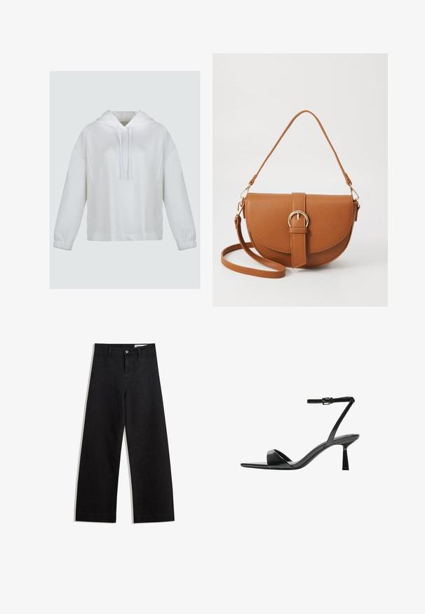 Witte hoodie van zacht materiaal. Voorzien van een trekkoordcapuchon, verlaagde schouders en elastische manchetten. Eenvoudig, minimalistisch ontwerp.; Zwarte denim broek met wijde pijpen en een hoge taille, voorzien van voor- en achterzakken, gestikte naden en een knoopsluiting. Gladde textuur.; Bershka Sandalen met hoge hak - black; Bruine leren schoudertas met een gebogen vorm, gouden hardware en een gespaccent. Bevat een afneembare schouderriem.
