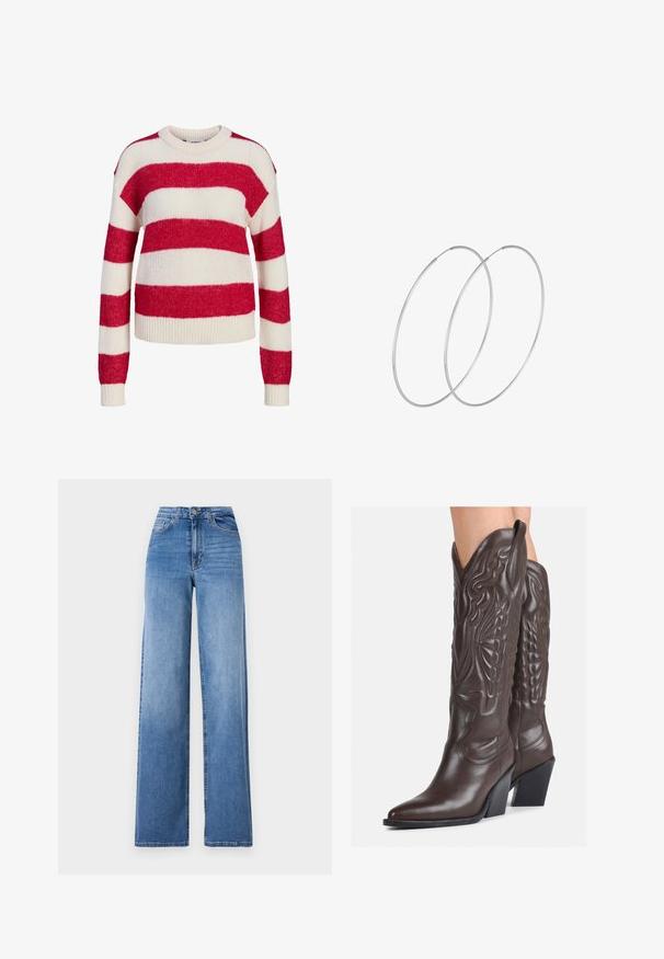 Rdeče in bele črtaste pletene pulover s krožnim izrezom, dolgimi rokavi ter rebrastimi manšetami in robom, ki se ponaša z mehkim, teksturiranim materialom.; Svijetloplave široke traperice napravljene od denima, s visokim strukom, prednjim džepovima i standardnim kopčanjem na dugme. Glatka tekstura.; Rjave usnjene kavbojske čevlje z ostrim nosom in blok peto, ki vsebujejo podrobno šivanje in dvignjene dodatke na zgornjem delu.; Srebrne uhane v obliki obroča z minimalističnim dizajnom. Krožna oblika, gladka tekstura in tanek profil. Lahki s poliranim zaključkom.