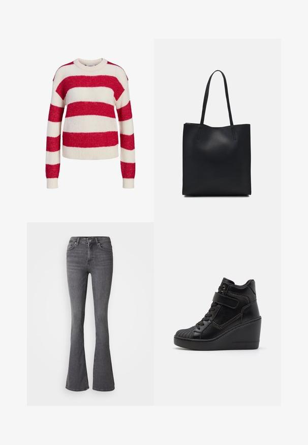 Raudonai ir balti dryžuotas megztinis su apvalia kaklo iškirpte, ilgomis rankovėmis ir veliūrinėmis rankogaliais bei apatine dalimi, pasižymintis minkšta, tekstūrine medžiaga.; Pilki platėjančio kirpimo džinsai su aukšta juosmens linija, mygtuko užsegimu, penkiomis kišenėmis ir subtiliais siuvinėjimo akcentais. Pagaminti iš lygios tekstūros džinsinio audinio.; Juodos aukštos sportinės bateliai su pakylomis, pagaminti iš lygaus odos, turintys raištelius, reguliuojamą diržą ir dekoratyvinius užtrauktukus.; Juodas odinis tote krepšys su lygia tekstūra, stačiakampio formos ir dviem ilgais rankenomis. Matomų metalinių detalių ar puošybos nėra.