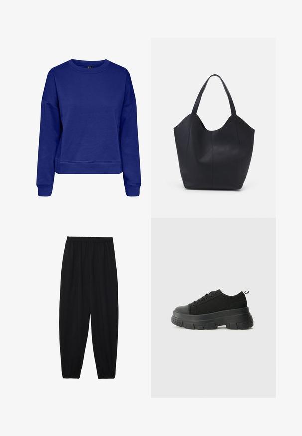 Zils sporta krekls, izgatavots no mīkstas auduma, ar apaļu kakla izgriezumu, garām piedurknēm un brīvu piegriezumu, ar ribotām aprocēm un apakšmalu.; Melnas, vieglas bikses ar elastīgu jostu un savilktiem potītiem. Audums ir gluds un to raksturo brīva, sašaurināta forma.; Melnas kedas ar masīvu gumijas zoli, teksturētu auduma augšdaļu, apaļu purngalu un saistīšanas dizainu. Iekļautas pastiprinātas acs atveres un aizmugurējais cilpiņas siksniņa.; Melnas rokassomas, kas izgatavota no gludas ādas, ar izliekto atvērto augšu, divām plecu jostām un minimālistisku dizainu.