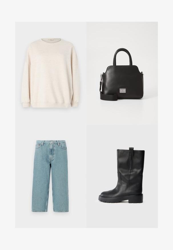 Felpa beige chiaro realizzata in un tessuto morbido, con colletto girocollo, maniche lunghe e un motivo maculato in sfumature delicate.; Shorts in denim azzurro chiaro con vita alta, taglio dritto e orlo grezzo. Presentano una chiusura classica con bottone e zip, quattro tasche.; Stivali neri in pelle alti fino al ginocchio con un design elegante, dotati di una suola spessa e di una linguetta laterale per un indossamento facilitato. Cuciture decorative in evidenza.; Borsa a mano sintetica nera con manici superiori, tracolla removibile, forma arrotondata, texture liscia e accento con logo argentato sul davanti.