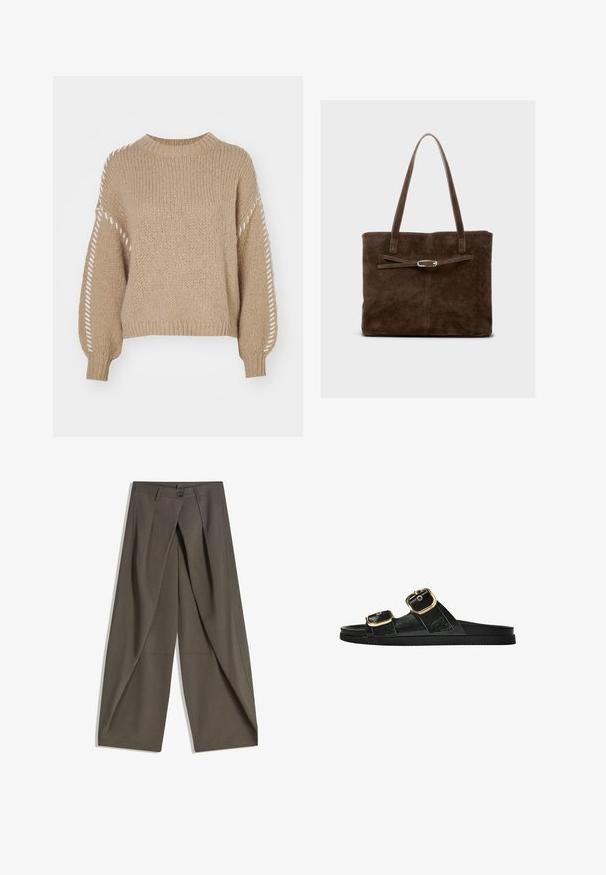 Beżowy sweter dzianinowy z okrągłym dekoltem i długimi rękawami, z fakturowanej tkaniny oraz białymi dekoracyjnymi szwami na rękawach.; Spodnie o szerokich nogawkach wykonane z teksturowanej, ciemnoszarej tkaniny. Posiadają fałdy z przodu, zapięcie na guzik oraz boczne kieszenie dla wygody.; Czarne klapki z dwoma złotymi klamrami, gładki materiał, płaska podeszwa i minimalistyczny design.; Brązowa skórzana torba typu tote z długimi uchwytami, charakteryzująca się płaskim kształtem oraz ozdobnym paskiem z akcentem w kolorze srebrnym.