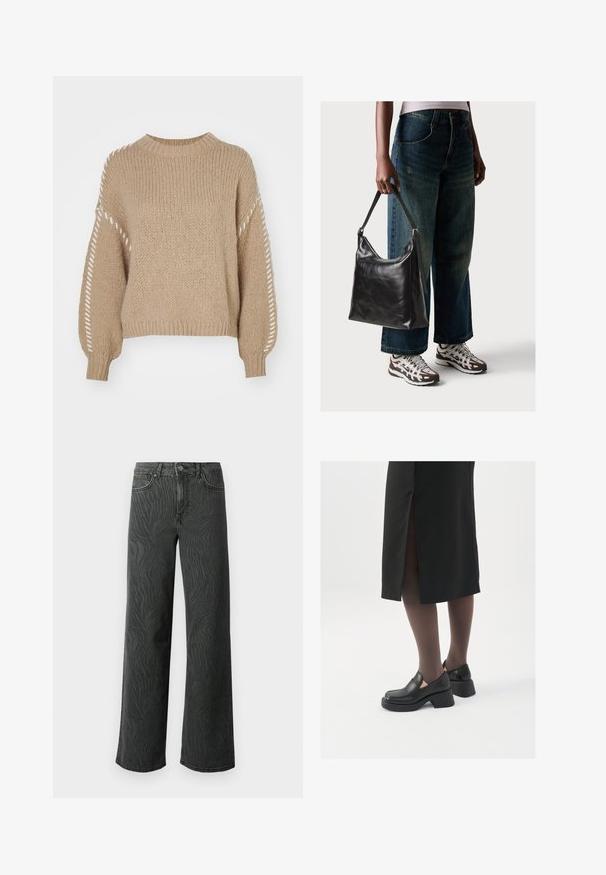 Beige strikkegenser med rund hals og lange ermer, med teksturert stoff og hvit dekorativ søm på ermene.; Vide ben jeans i mørkegrå denim, med en subtil zebra-mønster tekstur, kontrast søm, og fem lommer med knappestol. ; Sorte lærersko med rund tå, tykk blokkheel og elastiske sideaksenter, sammen med mørke strømpebukser og et svart skjørt med splitt.; Sort skinnveske med en glatt tekstur og justerbar stropp, kombinert med falmede vide jeans og atletiske sneakers.