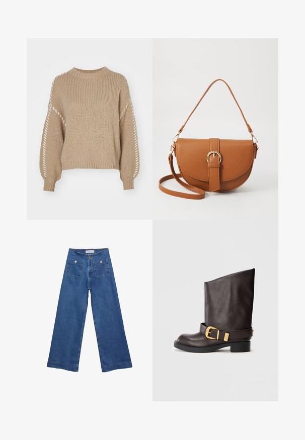 Beige gestrickter Pullover mit Rundhalsausschnitt und langen Ärmeln, aus strukturiertem Stoff und mit weißen dekorativen Nähten an den Ärmeln.; Denim-Hosen im weiten Schnitt mit einer mittleren blauen Waschung, zwei Vordertaschen mit Knopfverschluss und genähten Details entlang der Säume.; Dunkelbraune Lederstiefelette bis zur Wade mit schwarzer Sohle, niedrigem Absatz und dekorativem goldenen Schnallenriemen um den Knöchel, seitlich dargestellt.; Braune Leder-Crossbody-Tasche mit geschwungener Form, goldfarbenen Beschlägen und einer Schnallenakzentuierung. Verfügt über einen abnehmbaren Schultergurt.