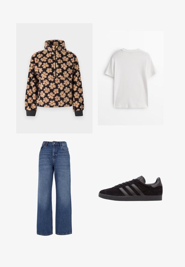 Schwarzer Fleece-Pullover mit hohem Kragen, der ein florales Muster in Beige und Braun aufweist. Mit Reißverschluss am Hals und gerippten Bündchen für die Passform.; Weißes Baumwoll-T-Shirt mit kurzen Ärmeln, rundem Ausschnitt und glatter Textur. Die Rückseite ist einfarbig ohne zusätzliche Muster oder Designs.; Weite Jeans aus mittelgewichtiger blauer Baumwolle. Klassisches Fünf-Taschen-Design mit Reißverschluss und Knopfverschluss.; Schwarze Wildledersneaker mit strukturierten Gummisohlen, drei schwarzen Lederstreifen, abgerundeter Zehenpartie und gepolstertem Knöchelkragen.