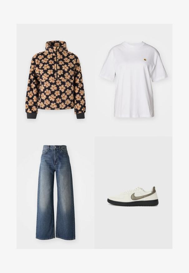 Black fleece pullover with a high collar, featuring a floral pattern in beige and brown. Zippered neck and ribbed cuffs for fit.; White cotton t-shirt with a relaxed fit, short sleeves, and a small embroidered logo on the left chest area.; Blue high-waisted wide-leg jeans with front button and pockets, faded texture on thighs and a straight hem.; Nike Sportswear FIELD GENERAL - Trainers - off-white/black