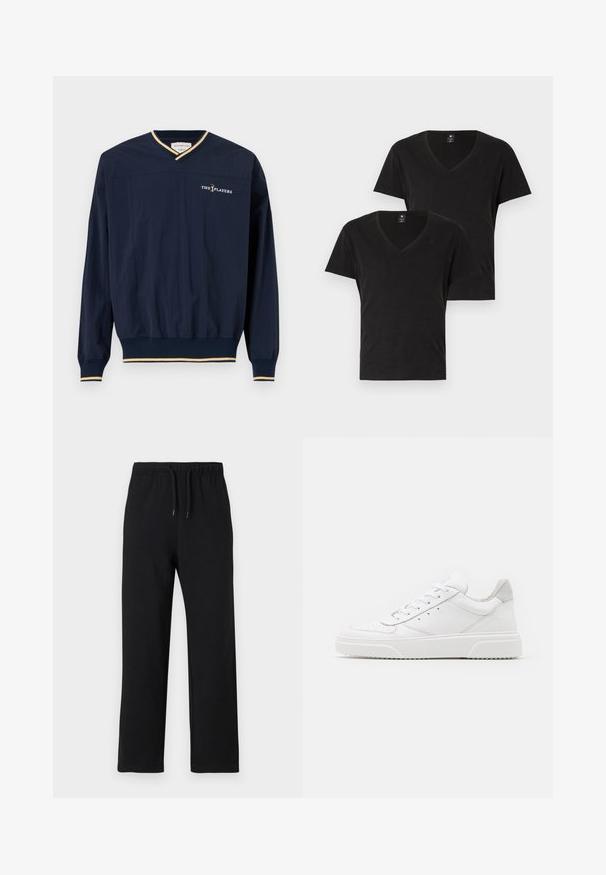 Pull-over marine avec col en V, manches longues, ourlet élastique et poignets rehaussés d'or. Présente "THE PLAYERS" brodé sur la poitrine.; Deux t-shirts noirs à col en V fabriqués en coton doux. Manches courtes et coupe standard. Design minimaliste avec un logo discret sur la poitrine.; Jack & Jones JPSTKANE JJCHARGE UNCUFFED - Pantalon de survêtement - black; Des baskets en cuir blanc avec une finition lisse, un bout rond, des lacets plats et une semelle texturée. Accents en daim gris au niveau du talon.