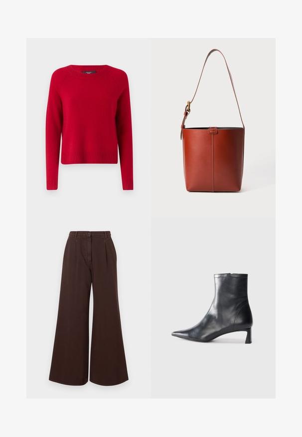 Roter Strickpullover mit langen Ärmeln, geripptem Halsausschnitt und Saum, der ein klassisches Rundhalsdesign aufweist. Glatte Textur, lässige Passform.; Hochtaillierte, weit geschnittene, braune Hose mit Knopf- und Reißverschluss, Gürtelschlaufen und frontalen Falten.; Schwarze Lederstiefelette mit spitzer Zehe und schlankem Design. Verfügt über einen niedrigen Absatz und einen Reißverschluss hinten. Glatte Textur.; Braune Leder-Eimer-Tasche mit verstellbarem Schultergurt und goldfarbener Schnalle, einfache vertikale Nahtdetails auf der Vorderseite.