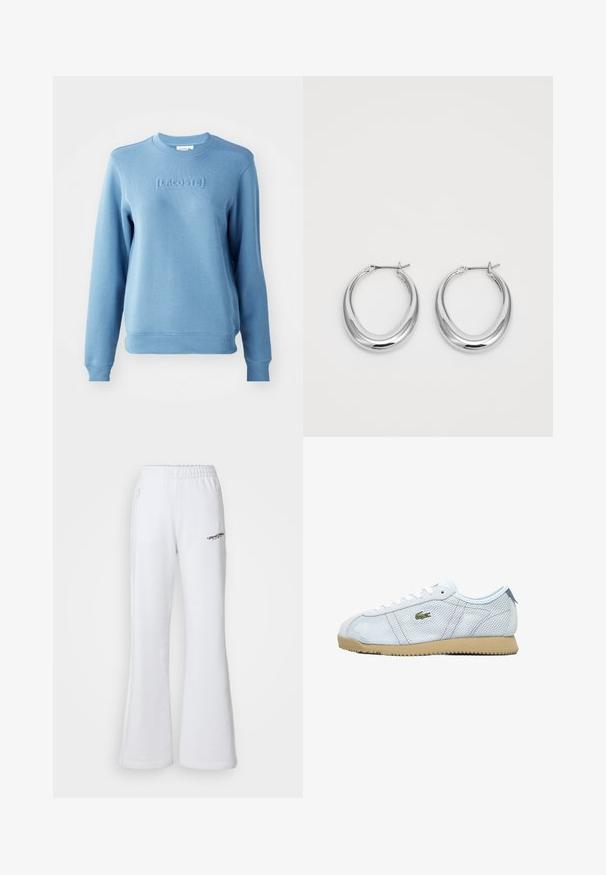 Felpa azzurra chiara con colletto a coste e maniche lunghe. Presenta il logo "LACOSTE" in rilievo sul davanti e un tessuto testurizzato.; Pantaloni della tuta bianchi con design a gamba larga, vita elastica, tasche laterali con zip e un piccolo logo grafico sul fronte. Materiale in cotone morbido.; Sneakers in rete blu chiaro con suola in gomma beige, lacci bianchi e dettagli del logo verde. Presentano una punta rotonda e pannelli laterali testurizzati.; Un paio di orecchini a cerchio a mezzaluna in argento lucido con chiusure a cerniera su uno sfondo bianco.