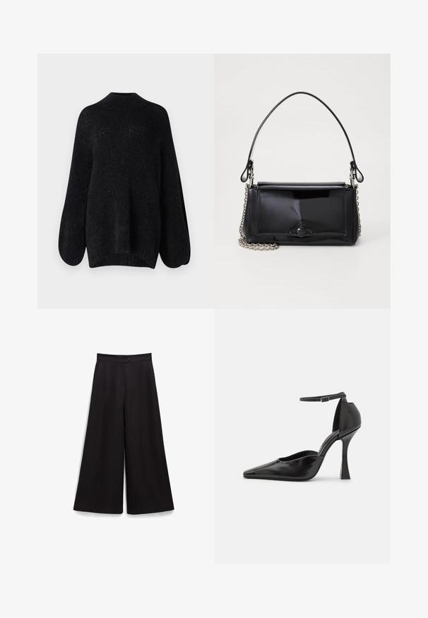 Black knitted sweater with a high neckline, wide balloon sleeves, and a textured finish. Features a relaxed fit and tapered hem.; Black wide-leg trousers featuring a smooth texture, a button closure at the waist, and a relaxed fit. No visible patterns or accents.; Black high-heeled pump with a glossy finish, pointed toe, ankle strap, and a sculpted stiletto heel. Smooth texture and sleek design.; Black patent leather handbag with a rectangular shape, chain strap, and a distinctive hardware accent in the center. Smooth texture.